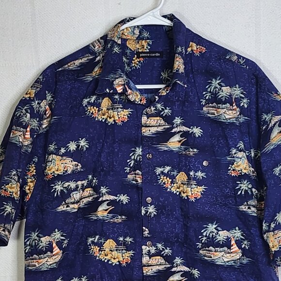 Pierre Cardin Vtg Blue Tropical Surfer Beach Scene ButtonUp Cotton Shirt Size XL - Picture 2 of 16